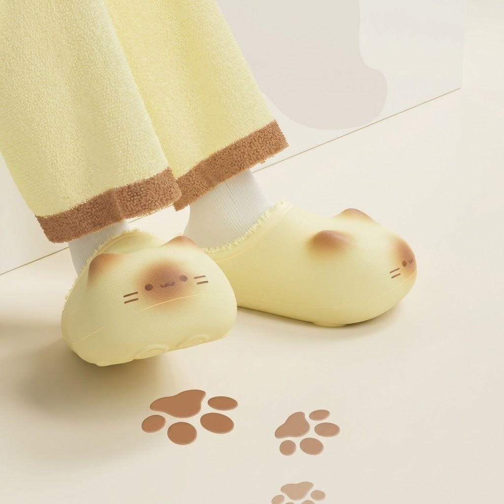A pair of Cute Cat Paw Comfy Warm Slippers shown on feet