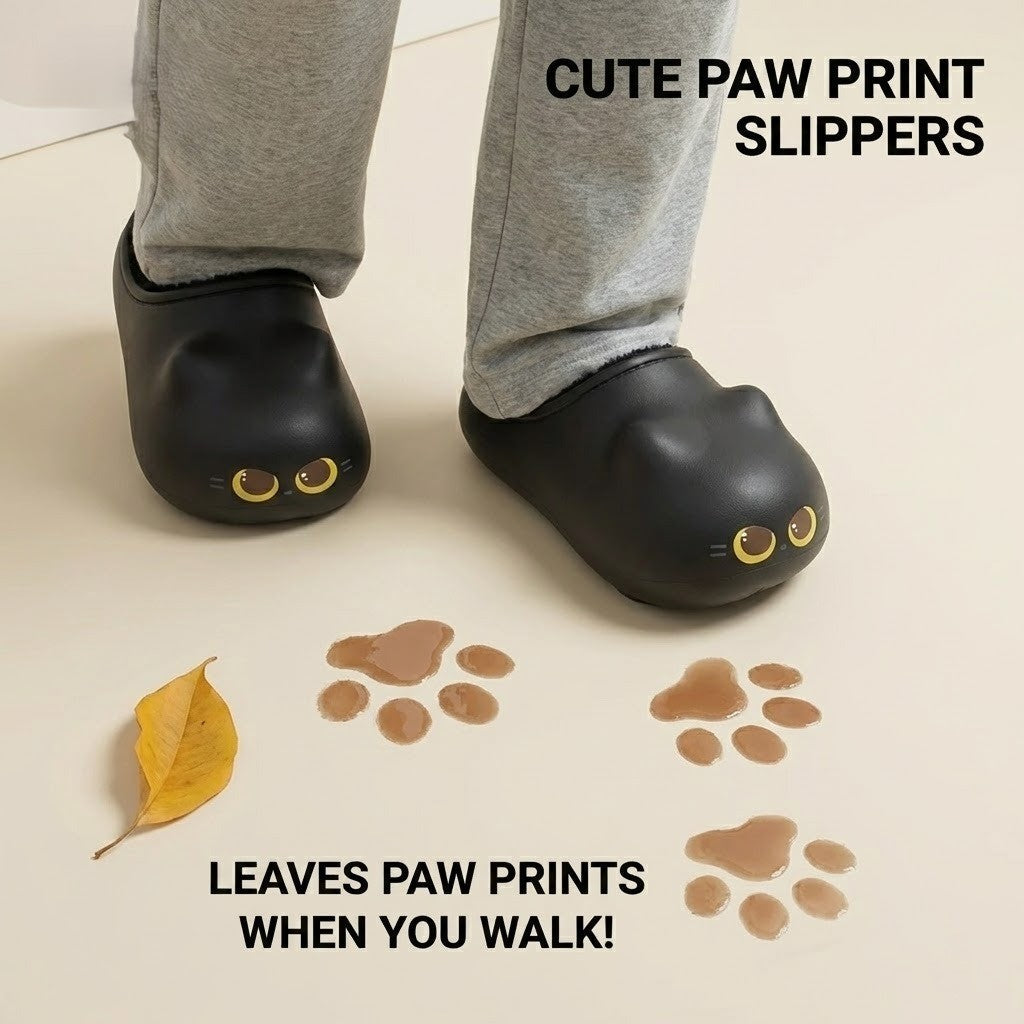 Close-up on the adorable facial details of the cat paw slippers
