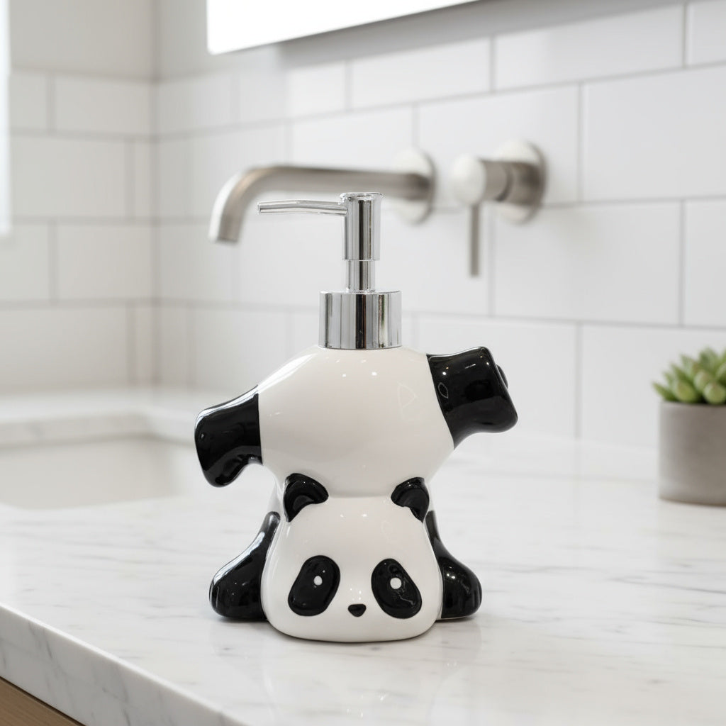 Close-up of the panda soap dispenser's ceramic finish