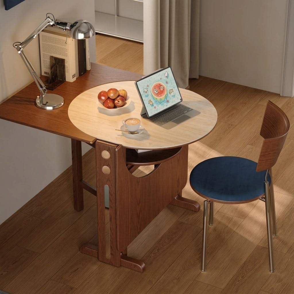 The vintage wooden table folded compactly against a wall, a perfect space-saving solution