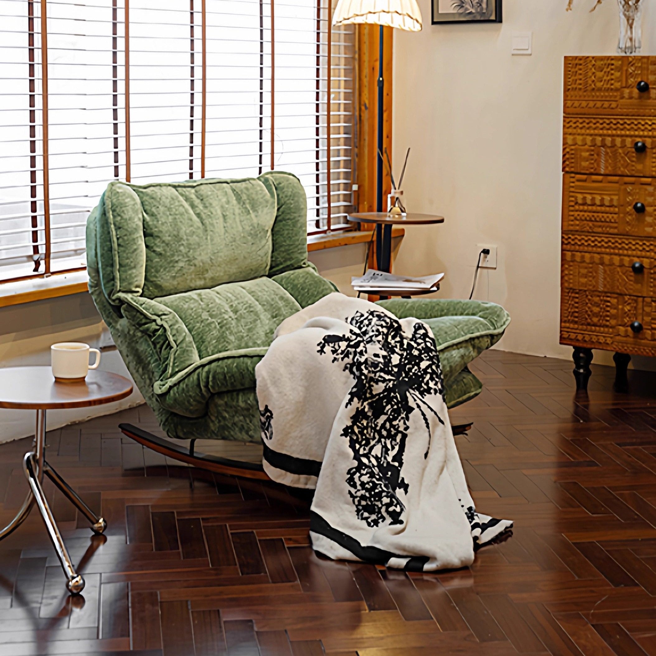 The minimal floor recliner sofa shown in an upright position perfect for reading
