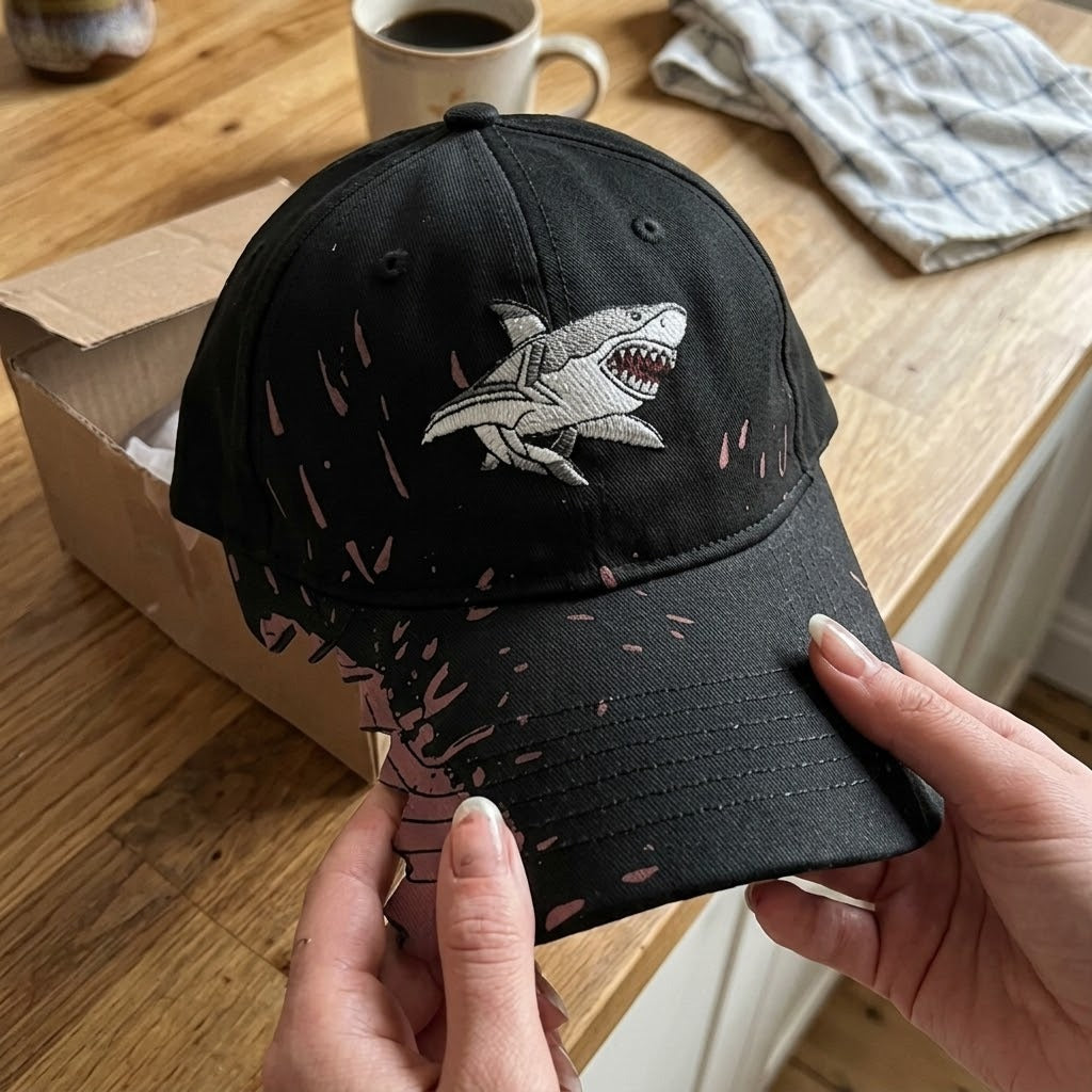 A person wearing the Shark Bite cap, highlighting its streetwear style