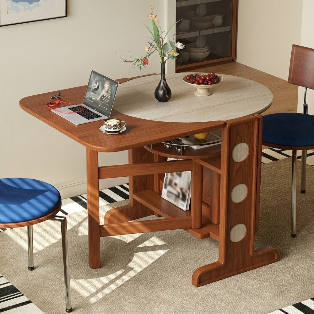 A close-up of the warm wood finish on the vintage folding table