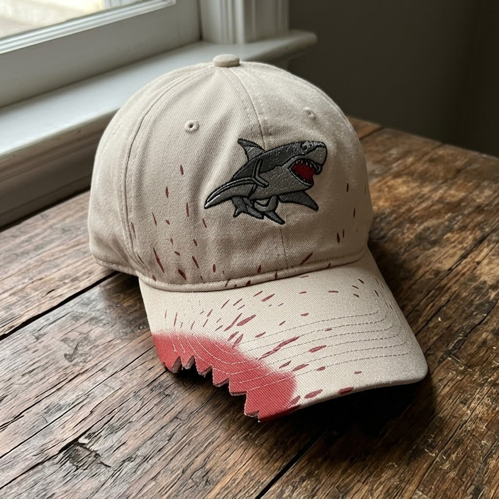 Front view of the Shark Bite Baseball Cap showing the unique tear effect