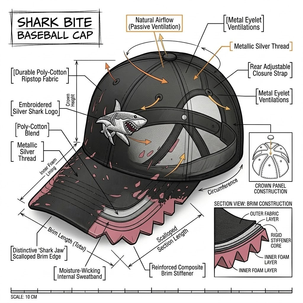 Another angle of a person wearing the Shark Bite Baseball Cap outdoors