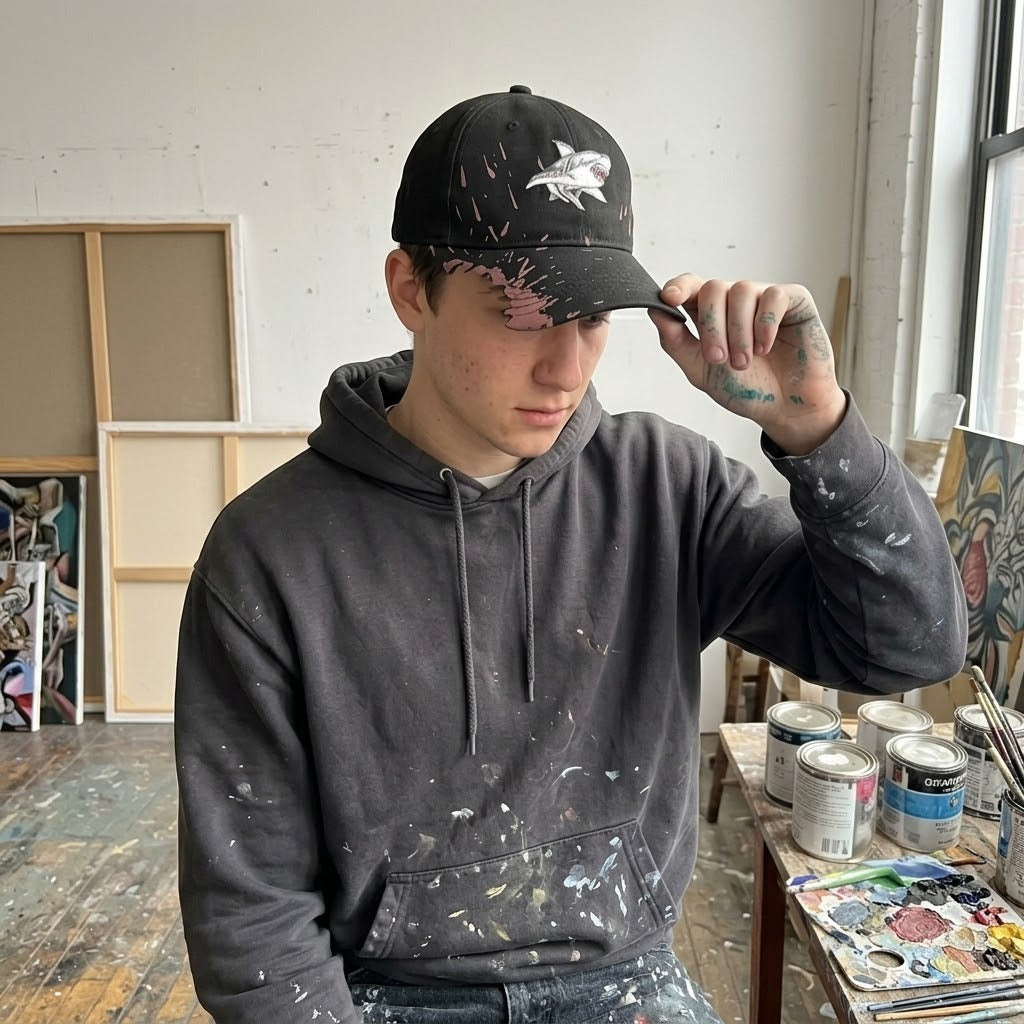 Side profile of the shark bite design on the cap's brim