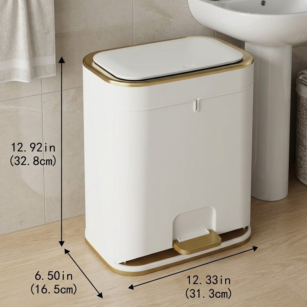 Lifestyle shot of the elegant bathroom trash can next to a vanity