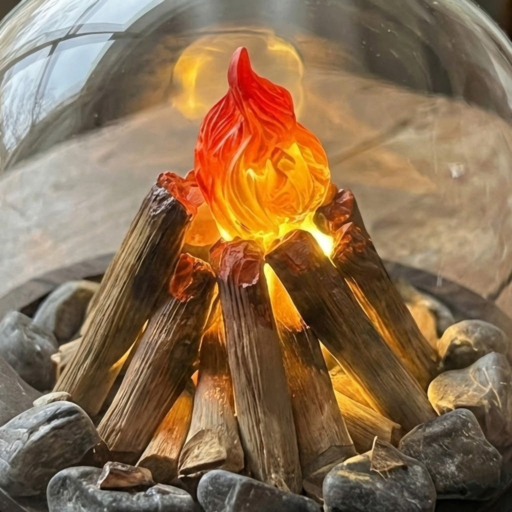 Close-up of the flickering flame effect inside the glass dome