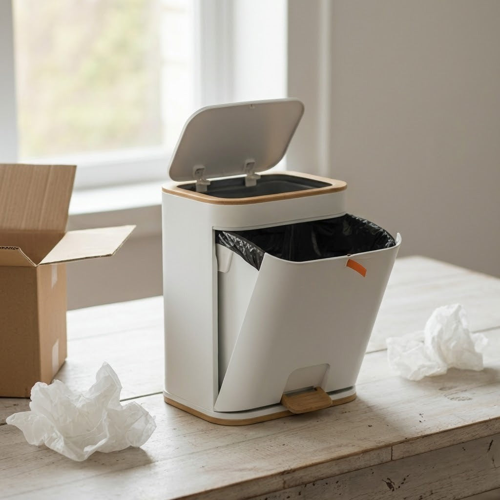 A modern white bathroom trash can with a sleek design