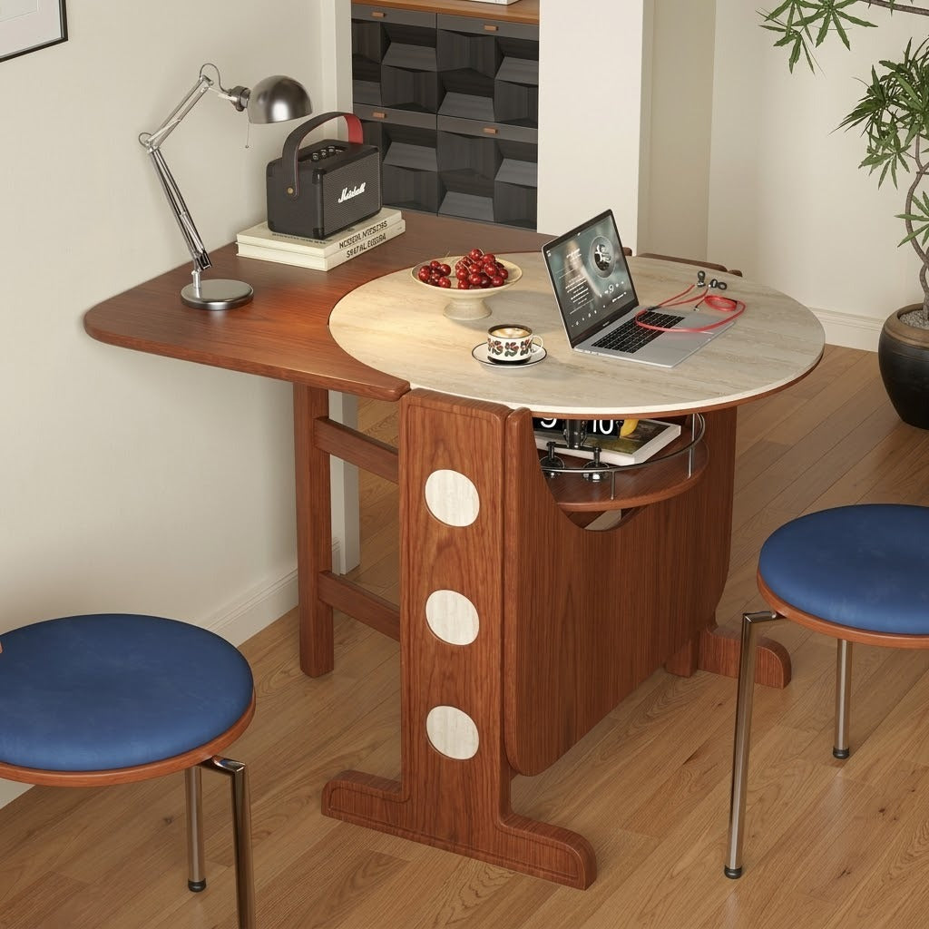 The expandable wooden dining table half-opened, showing its versatile design