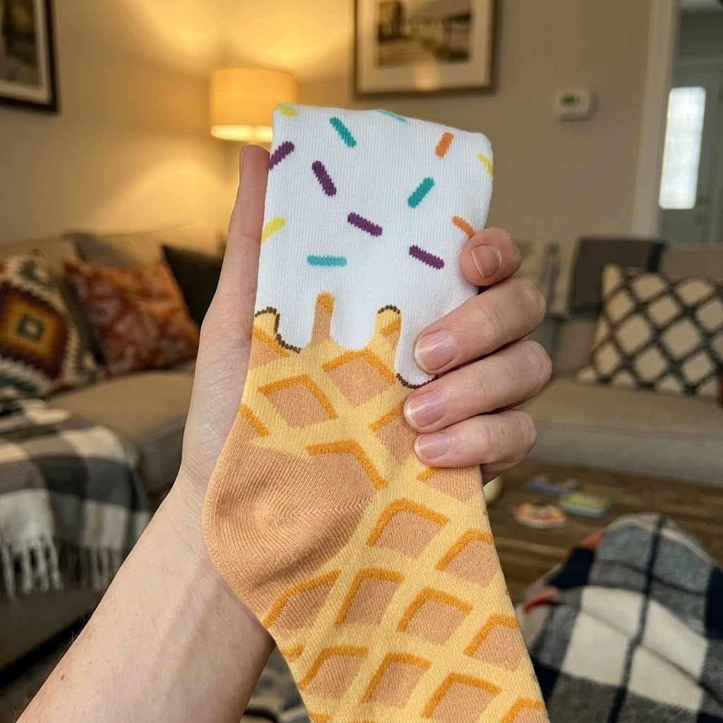 Someone happily showing off their unique ice cream socks