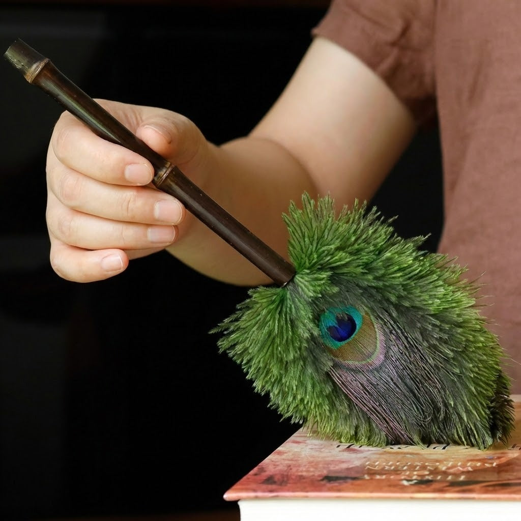 Peacock Feather Anti-Static Dusting Brush reaching high shelves