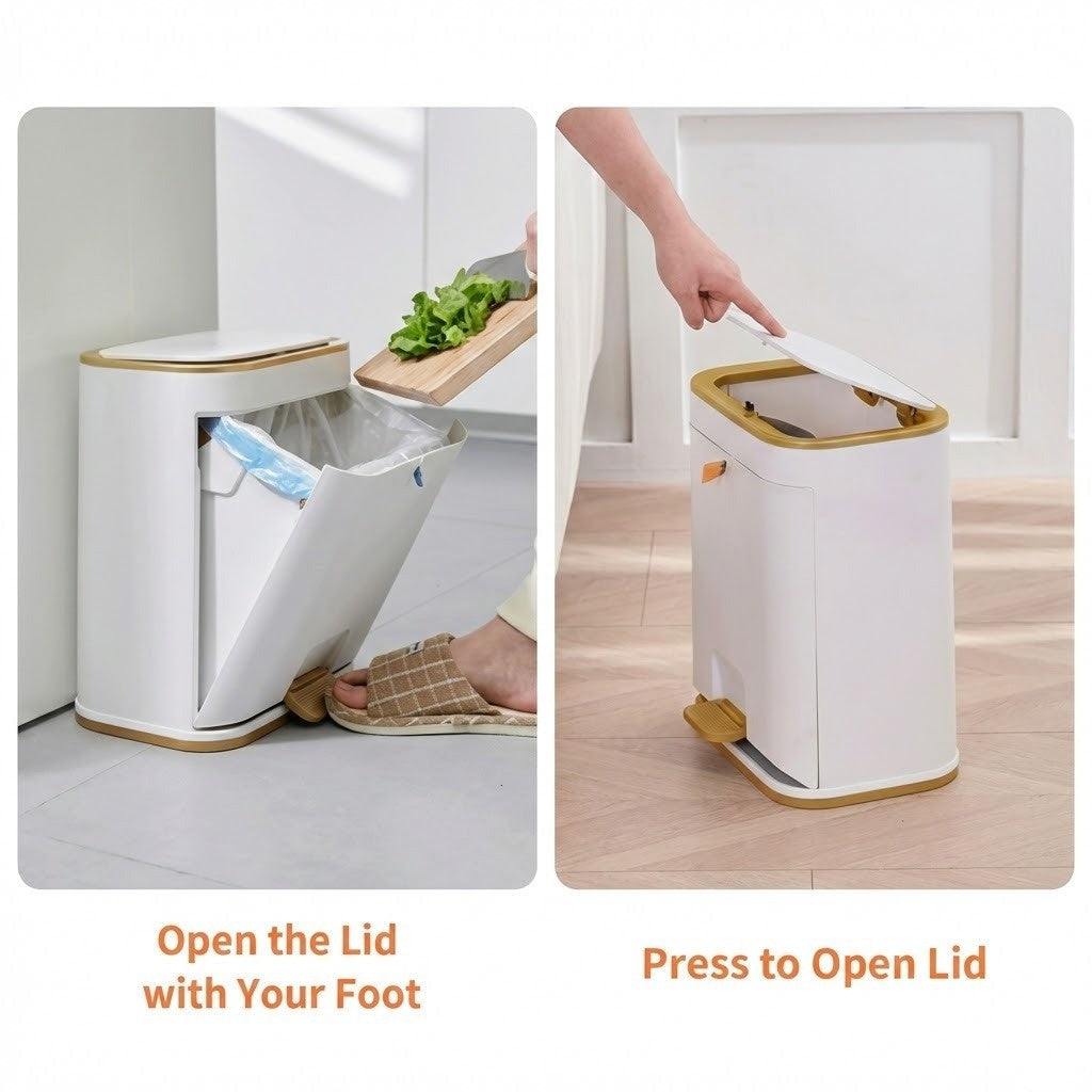 The trash can shown in a minimalist bathroom setting