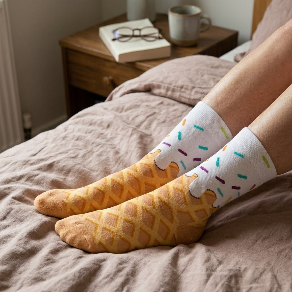 A pair of ice cream waffle pattern socks with a colorful sprinkle design