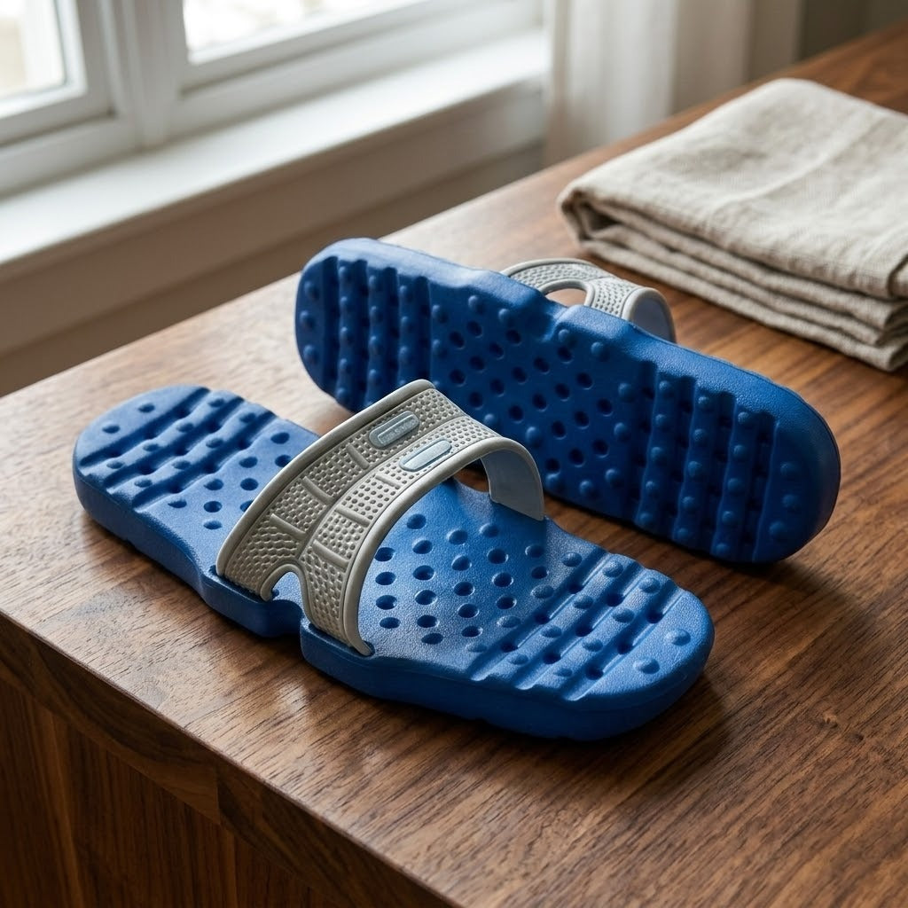 A pair of the double-sided slippers ready to be worn