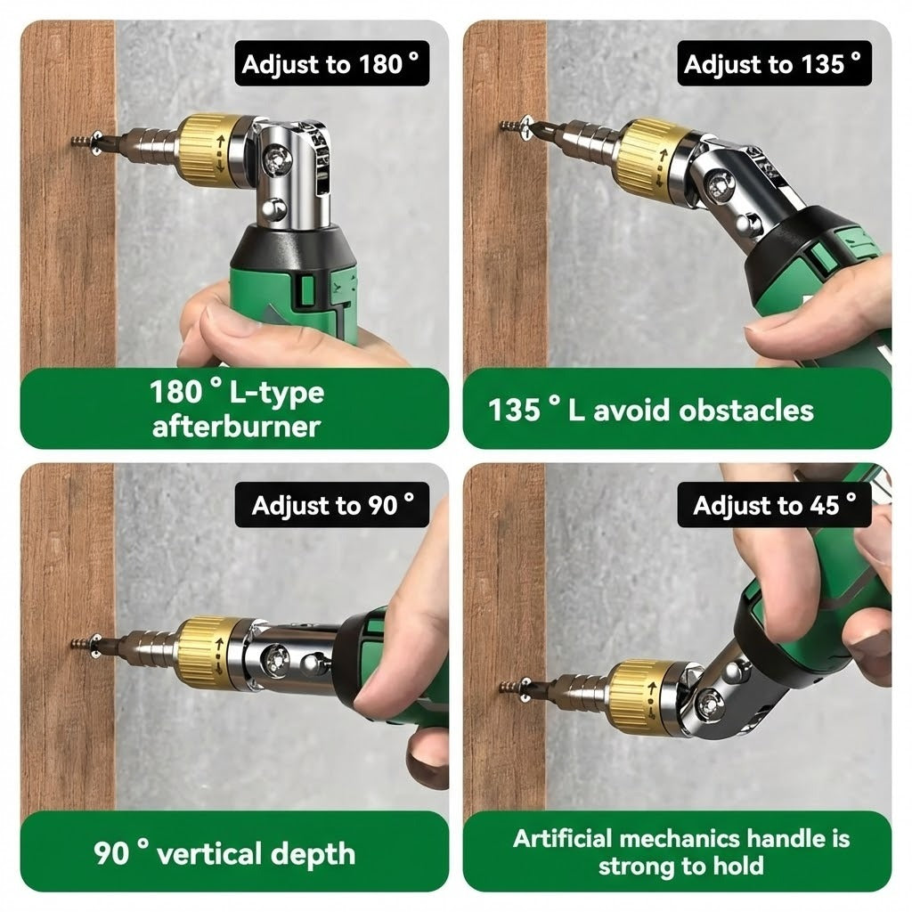 Close-up of the 180-degree adjustable head on the multi-angle screwdriver for tight spaces
