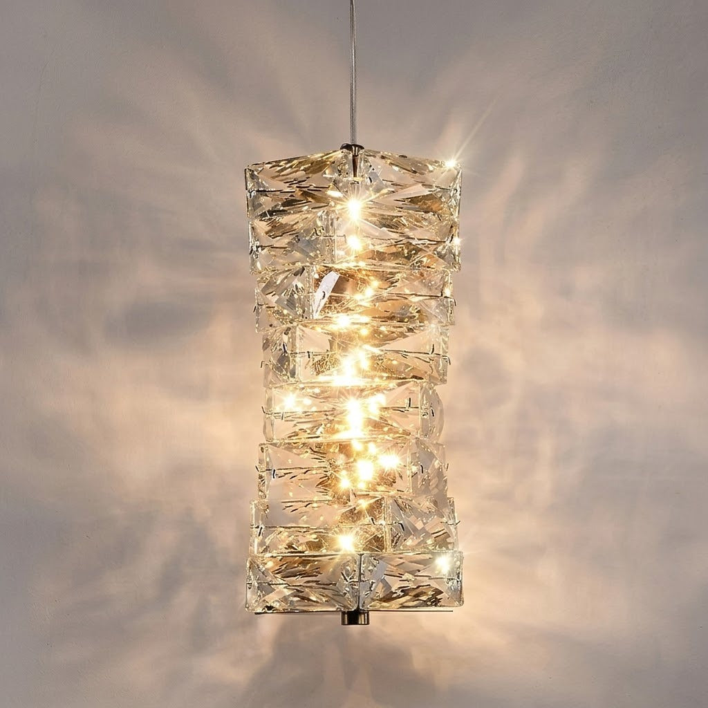 Crystal Frost Chandelier Lamp creating a warm glow in a modern room