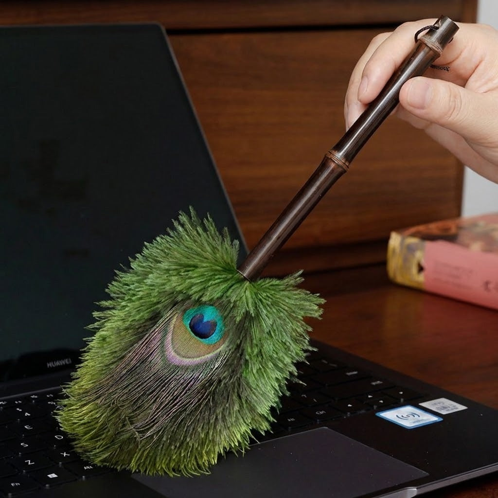 Elegant Peacock Feather Duster cleaning a delicate vase