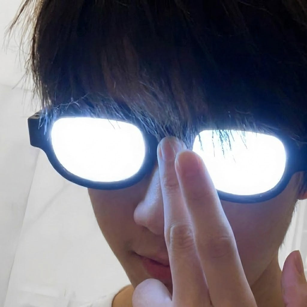 A person wearing the Luminous Cool LED Light Party Glasses in a dark room