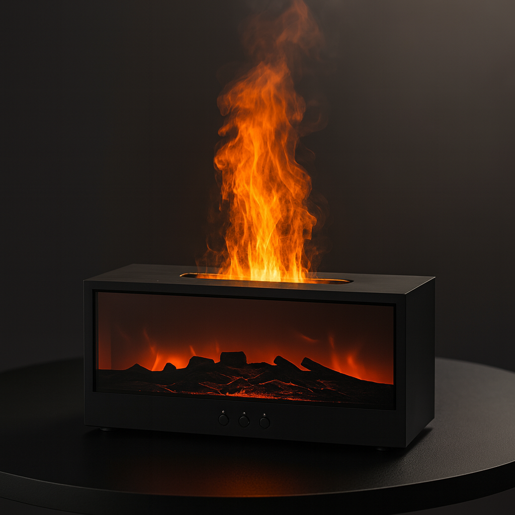 Cozy fireplace flame mist humidifier on a living room table