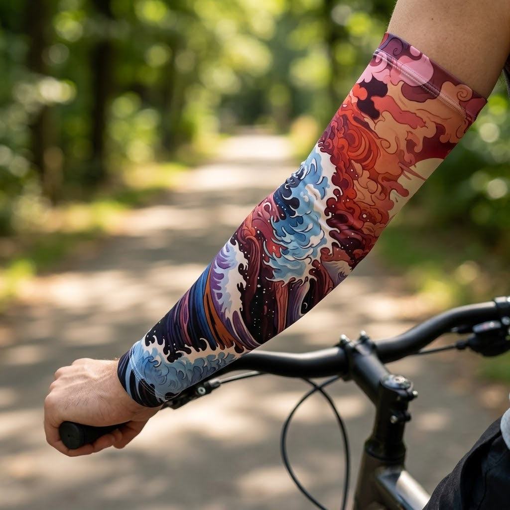 Close-up of the stylish graphic print on the cooling arm sleeves