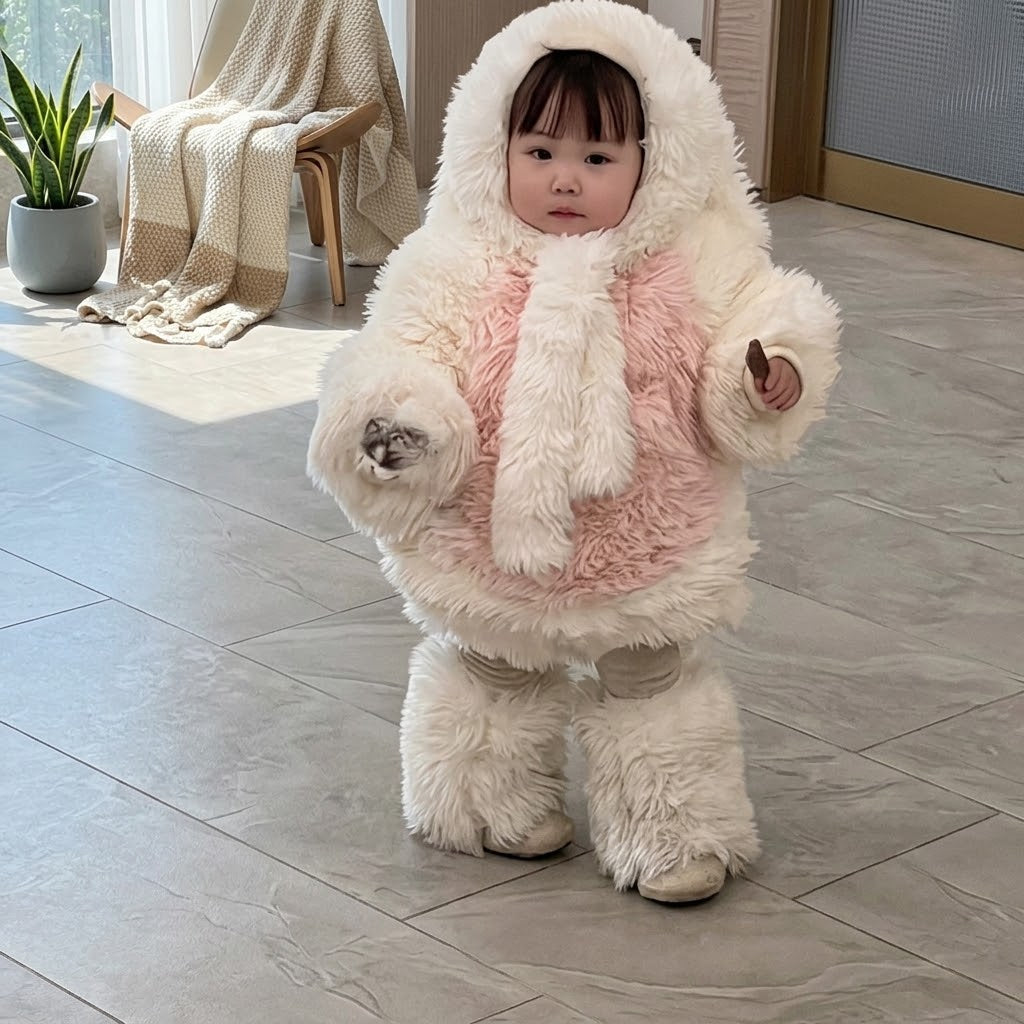 Close-up on the ultra-soft fluffy texture of the bunny outfit