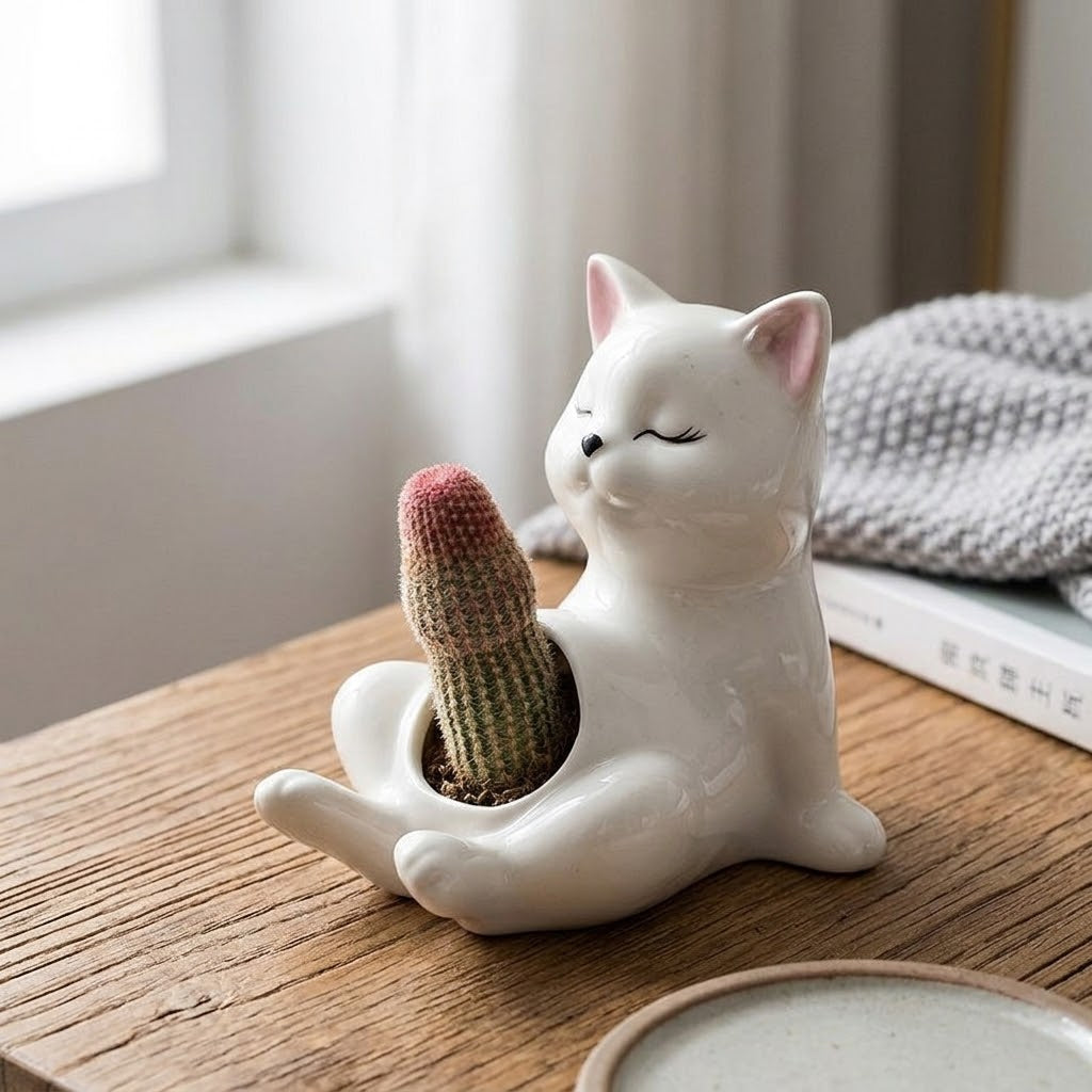 Close-up of the cute sleepy face on the quirky cat planter