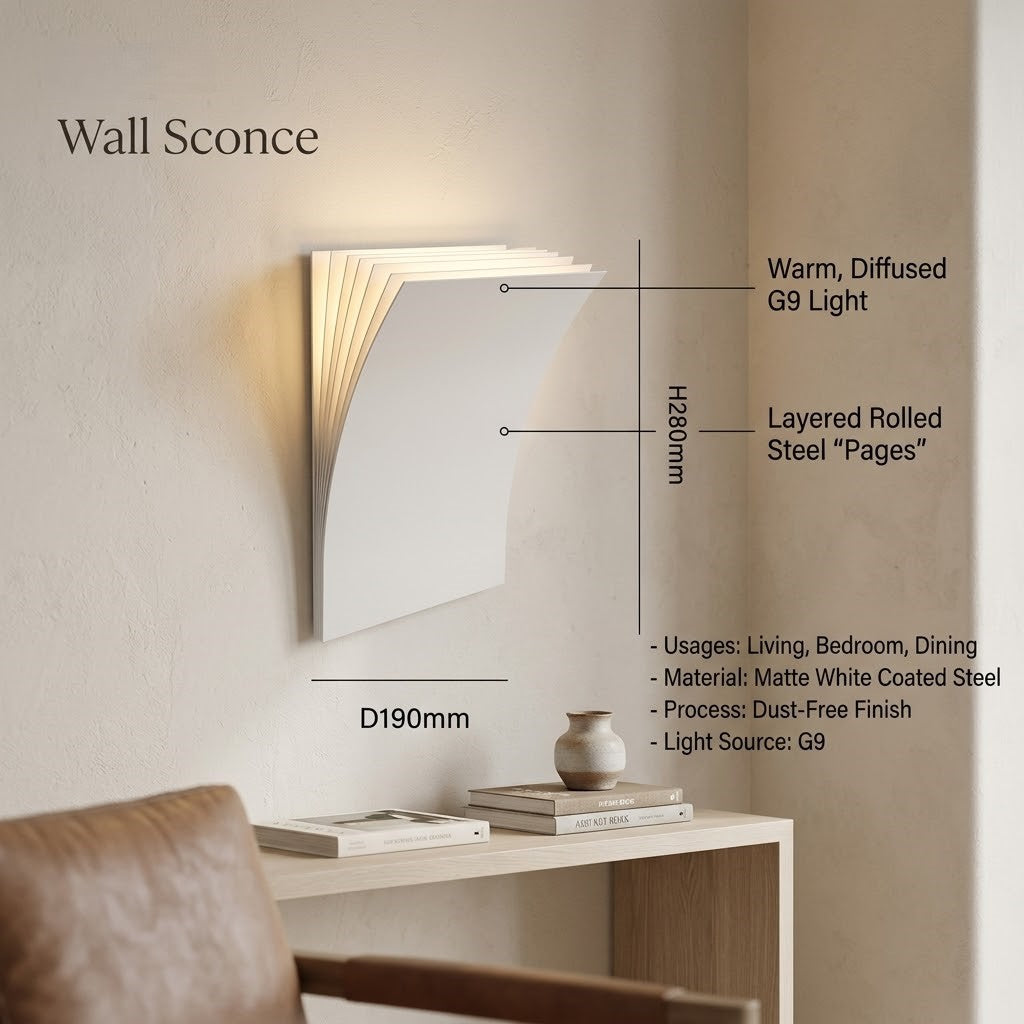 The open book wall light installed in a modern bedroom setting