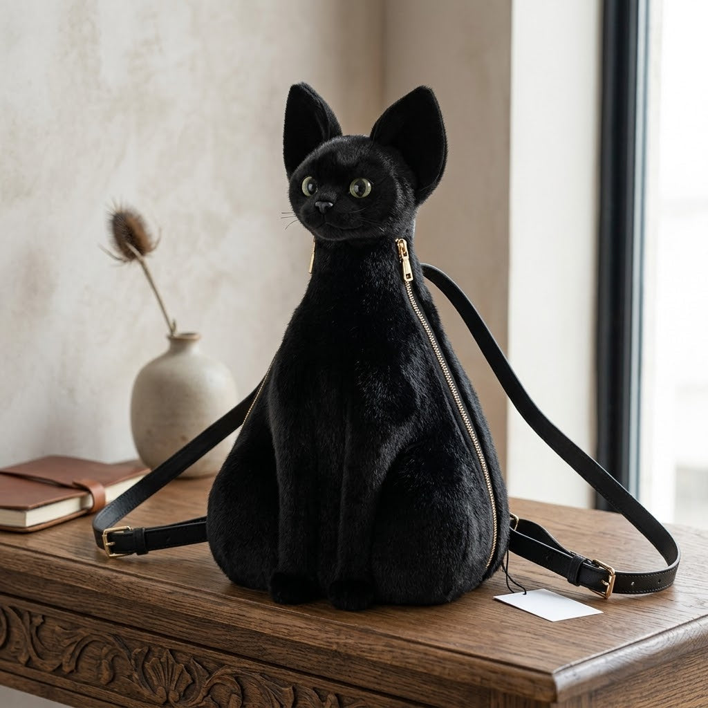 A person wearing the Sphinx cat backpack, showcasing its size and style