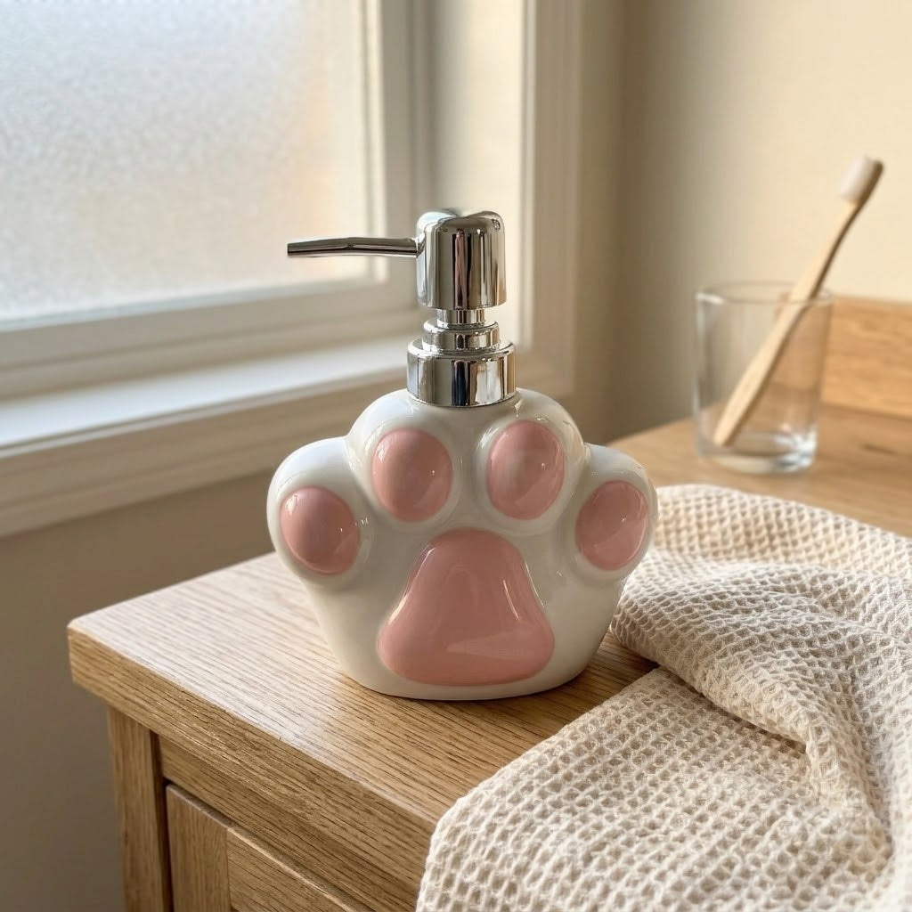 Cute Little Paw Soap Dispenser on a bathroom counter