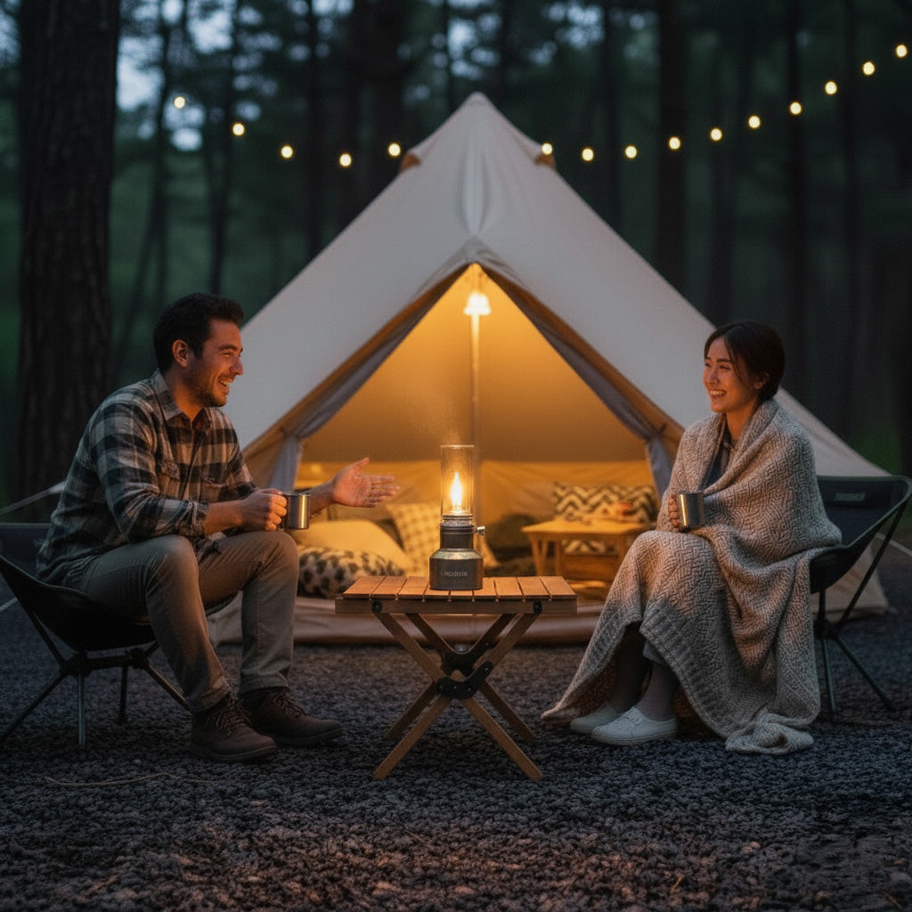 Close-up of the vintage-style campsite lamp's steady, warm flame