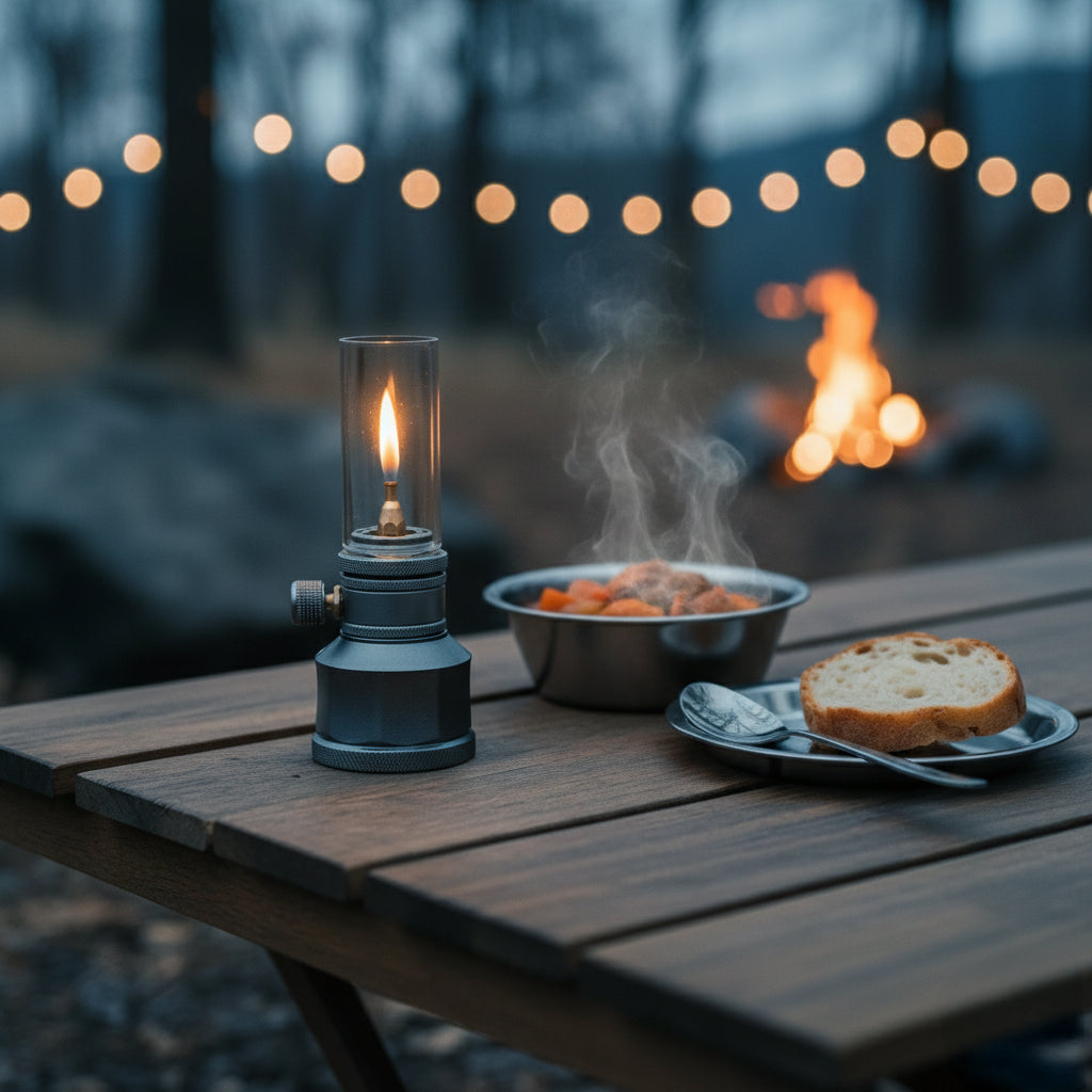 Mountain Peak Campsite Lamp glowing warmly on a wooden table at dusk
