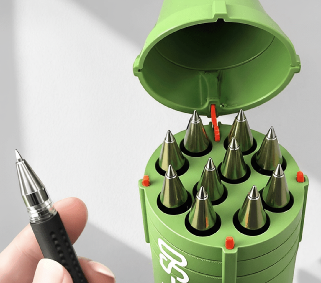 The pen holder shown in a modern workspace setting