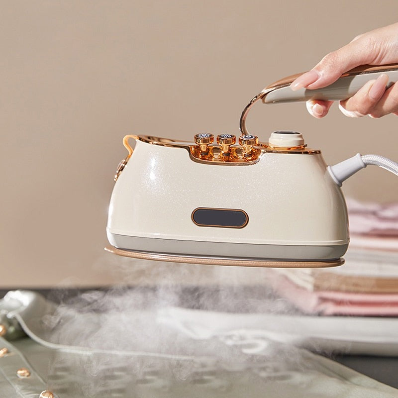 The retro steam iron shown with its water tank and accessories on a table