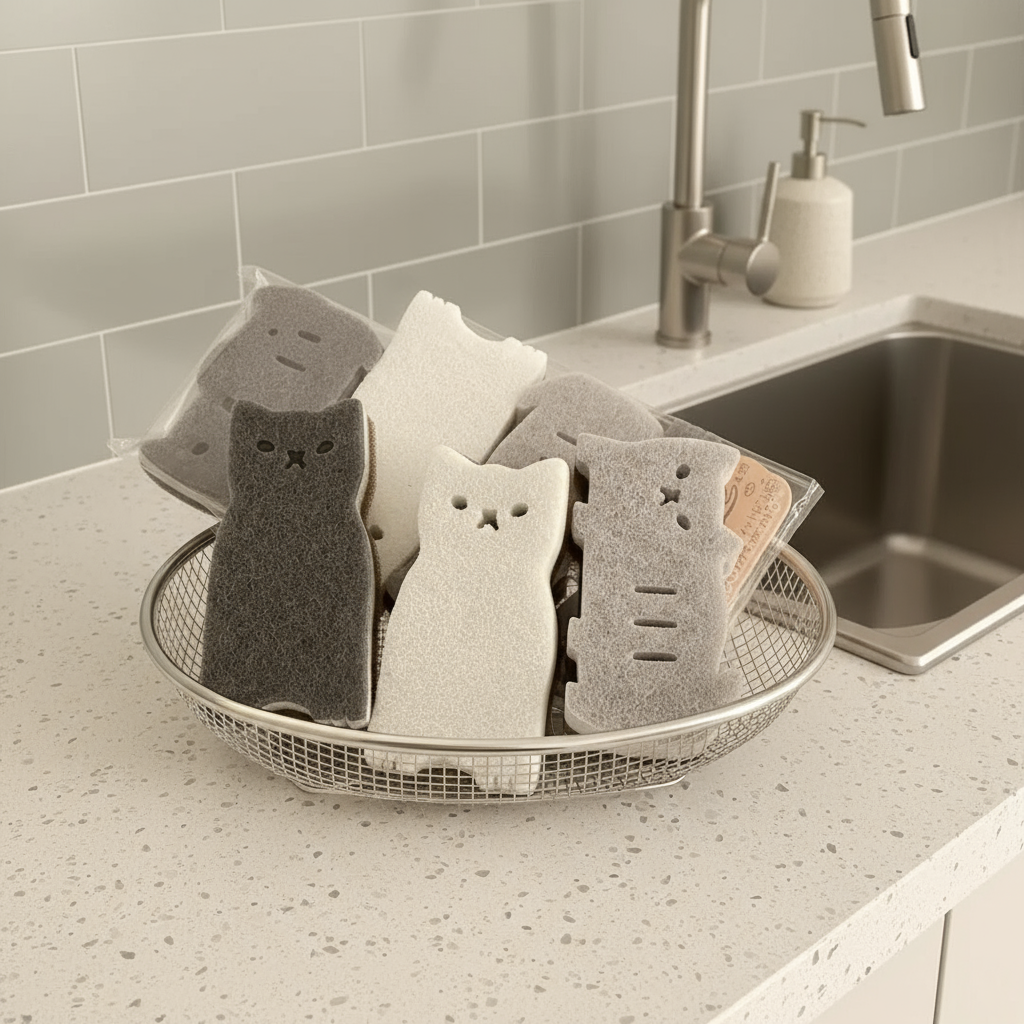 Mini Cat Multi-Purpose Cleaning Sponge creating rich foam on dishes