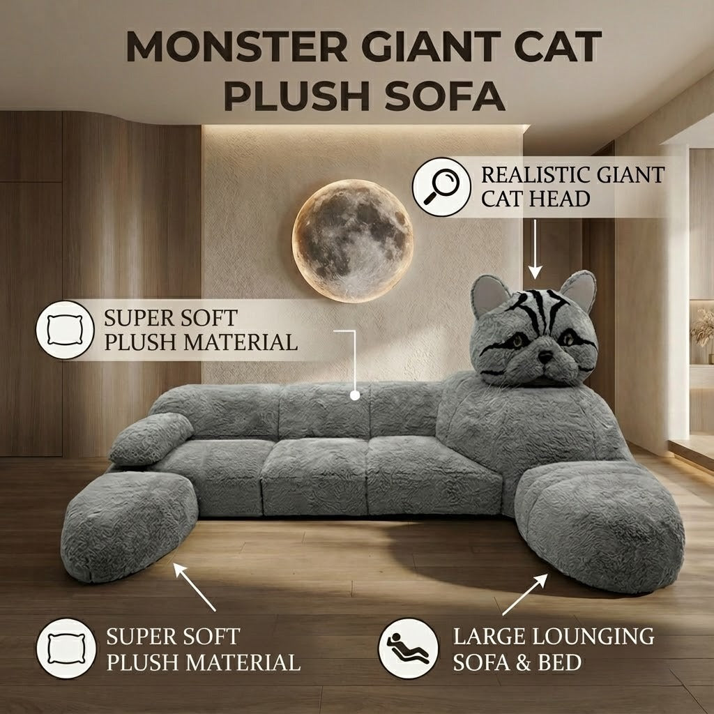 Top-down view of the Monster Giant Cat Plush Sleeper Sofa