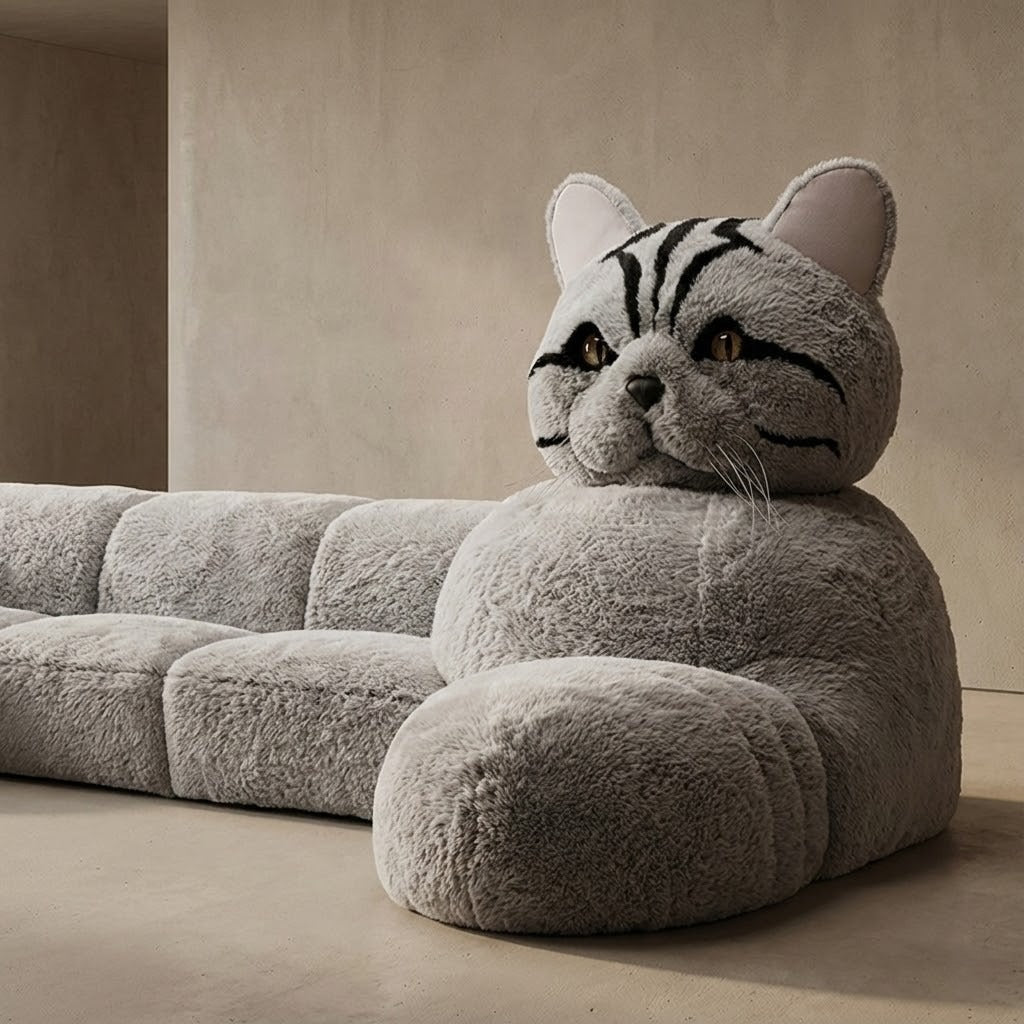 The Monster Giant Cat Plush Sleeper Sofa in a modern living room setting