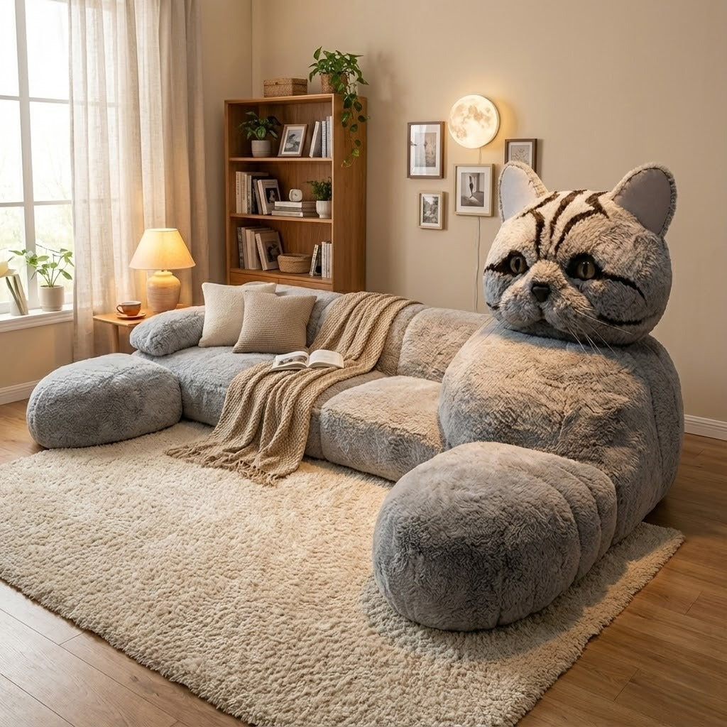 A person relaxing on the giant cat plush sleeper sofa