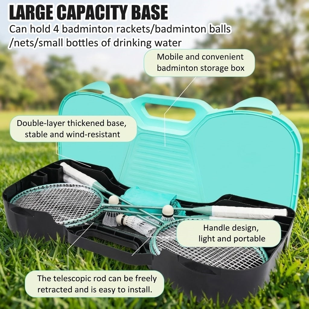 Detailed view of the badminton net and its simple setup mechanism