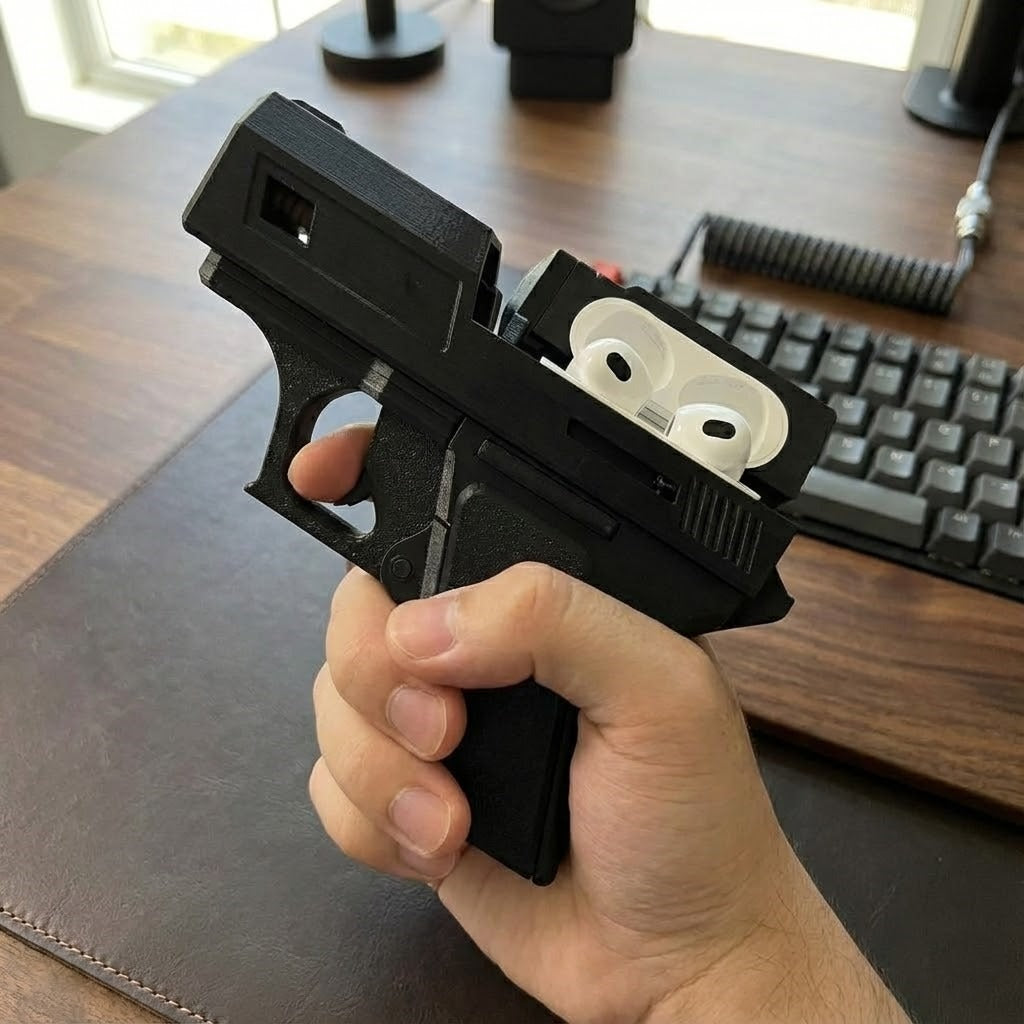 Miniature Gun-Shape AirPods Case on a wooden surface