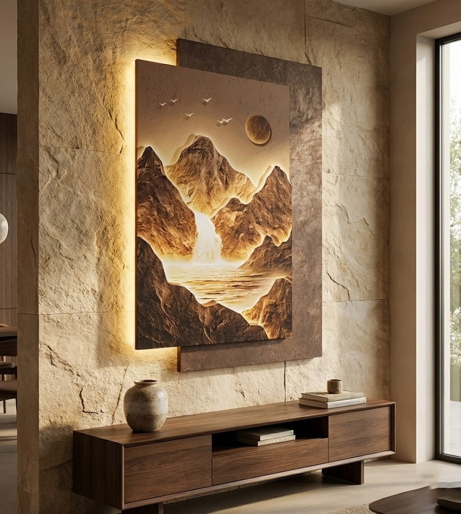 Mountain Landscape Modern Wall Art casting a warm glow in a living room