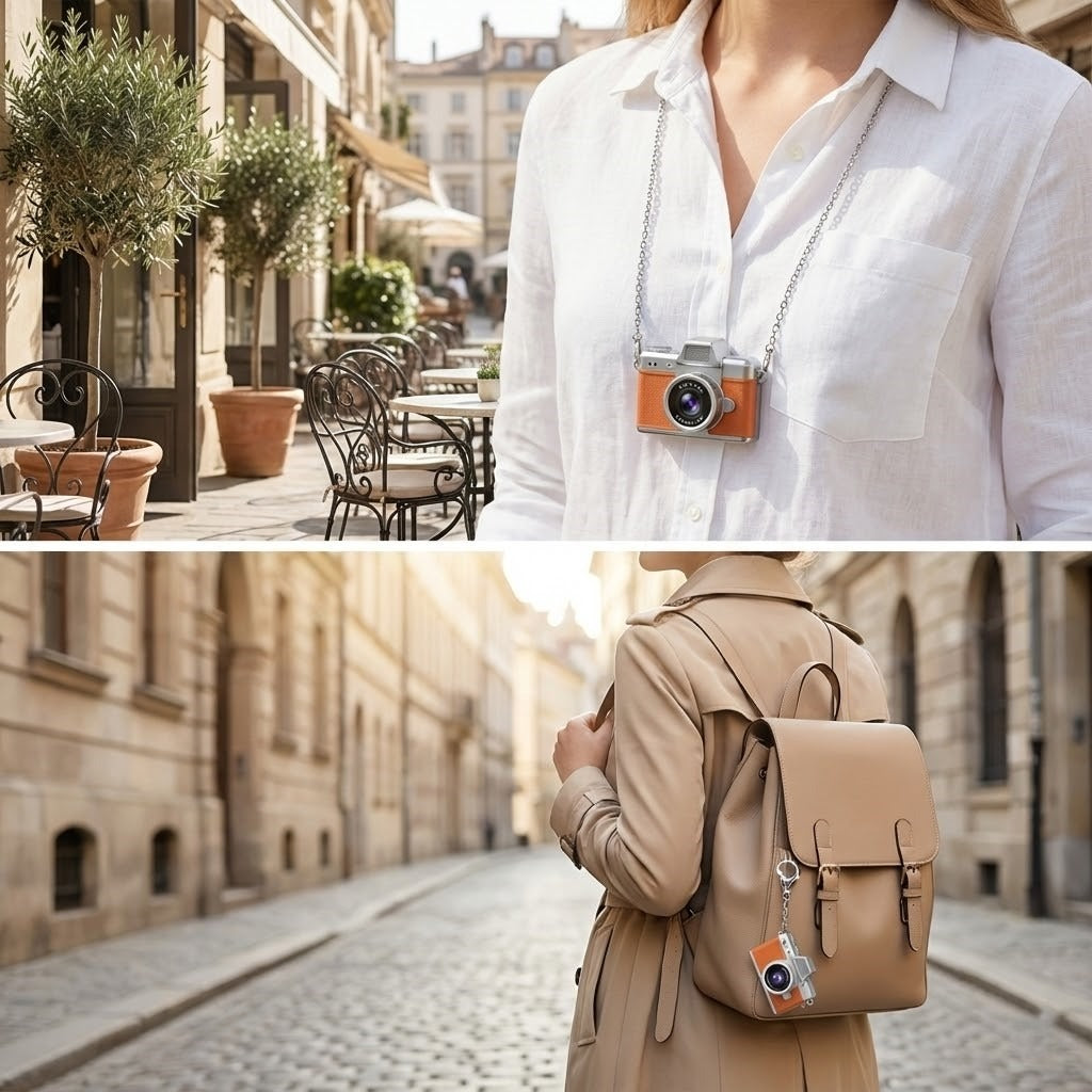 The mini camera keychain attached to a set of keys showing portability