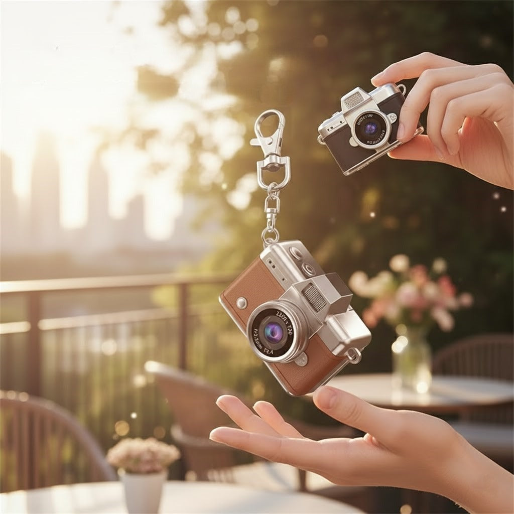 Close-up of the 180-degree flip screen on the mini retro camera