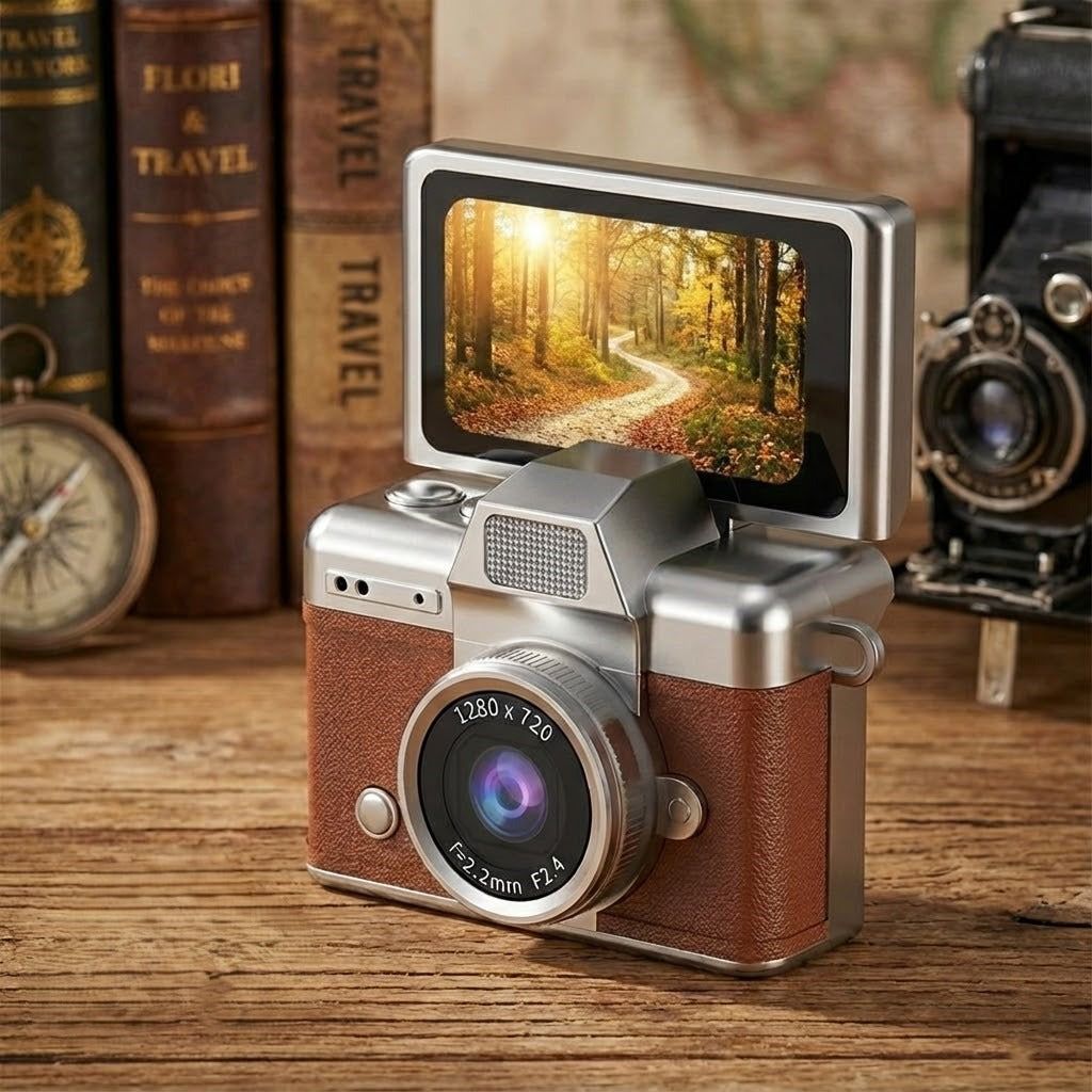 Retro Flip Screen Mini Camera Keychain held in hand for scale