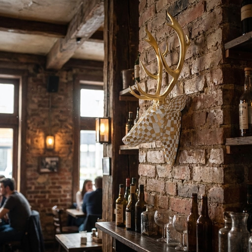 A stylish hallway featuring the modern deer head wall decor