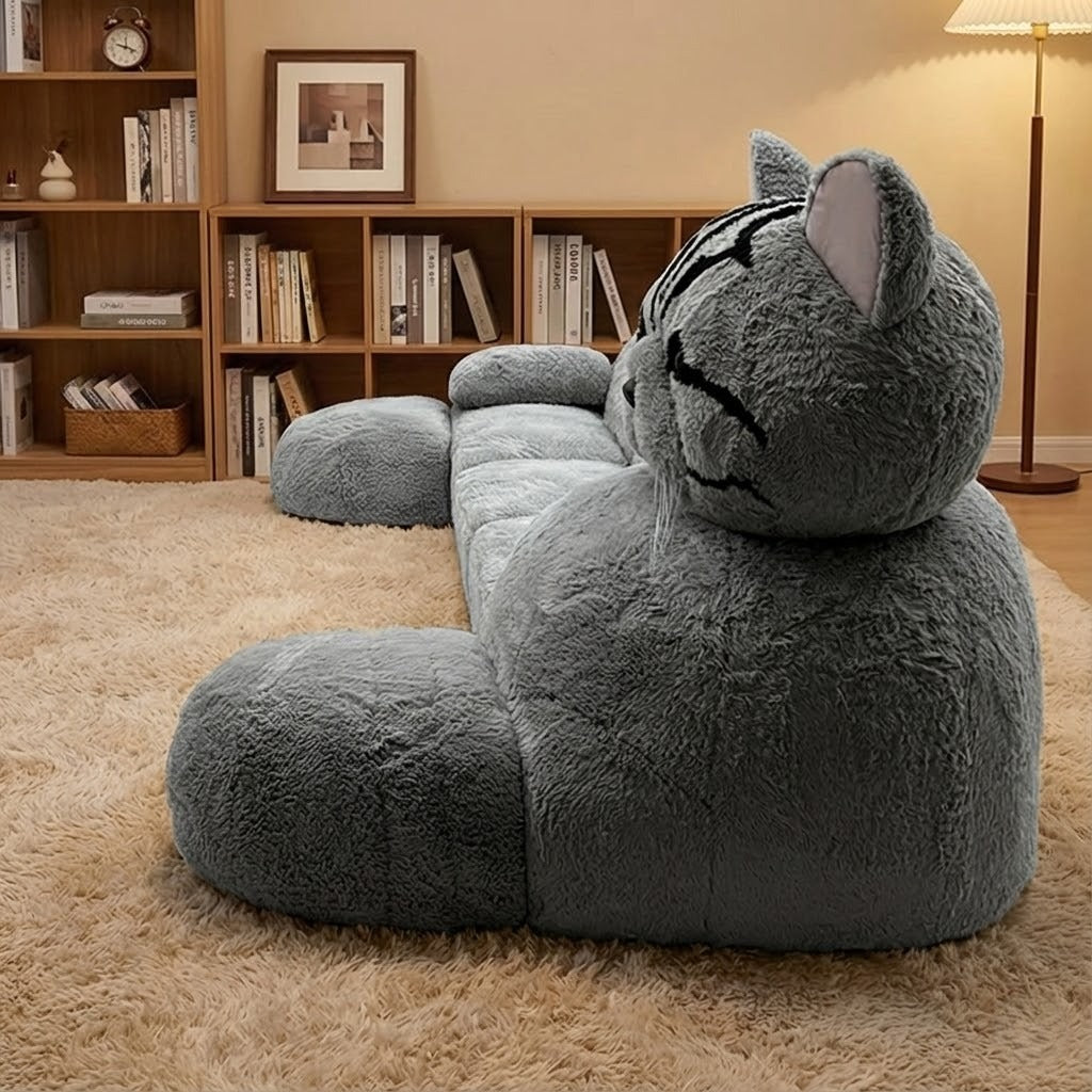 A view showcasing the large size of the cat-shaped sofa