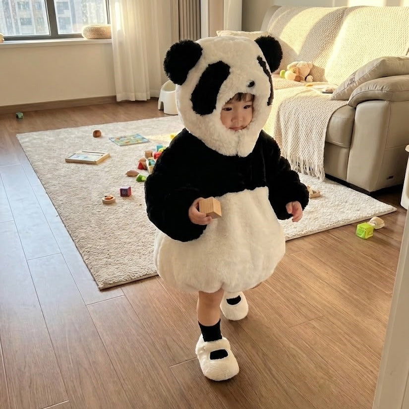 Toddler wearing the cute Sweet Panda Plush Kids Hooded Onesie