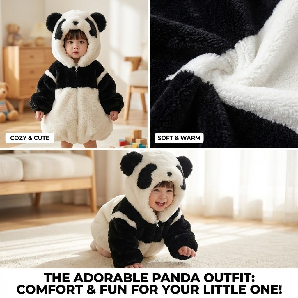 A child feeling cozy and warm in the panda hooded onesie