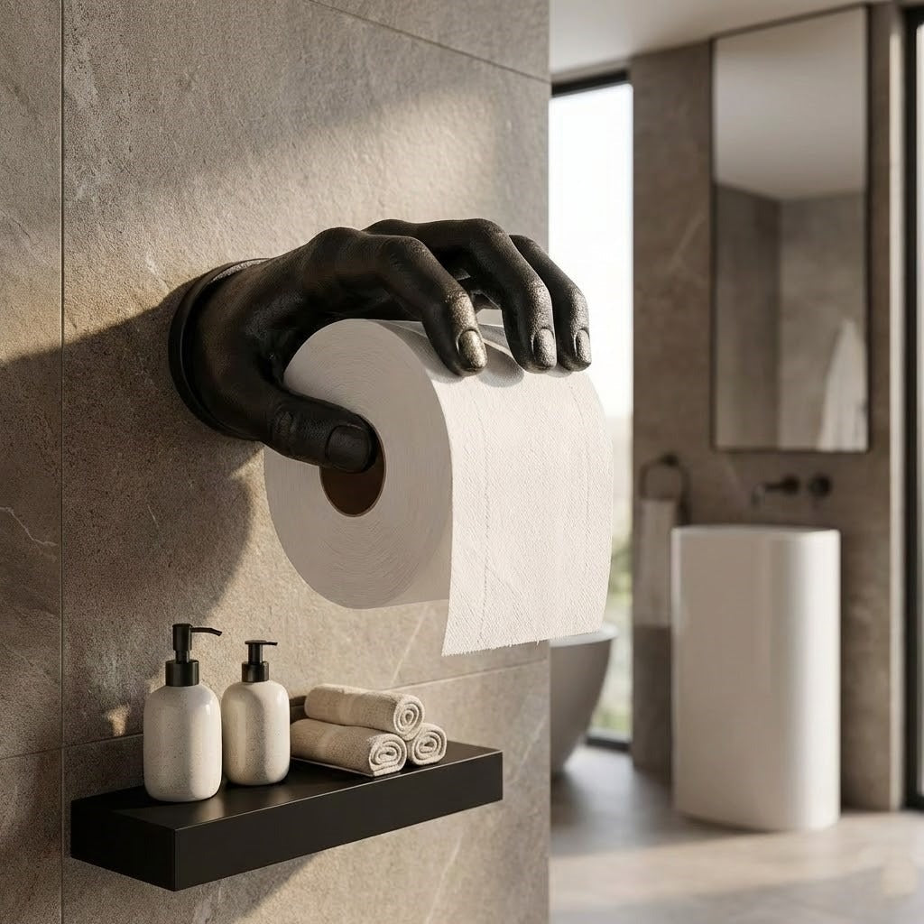 Witch Hand Toilet Paper Holder mounted on a bathroom wall as a unique gift idea