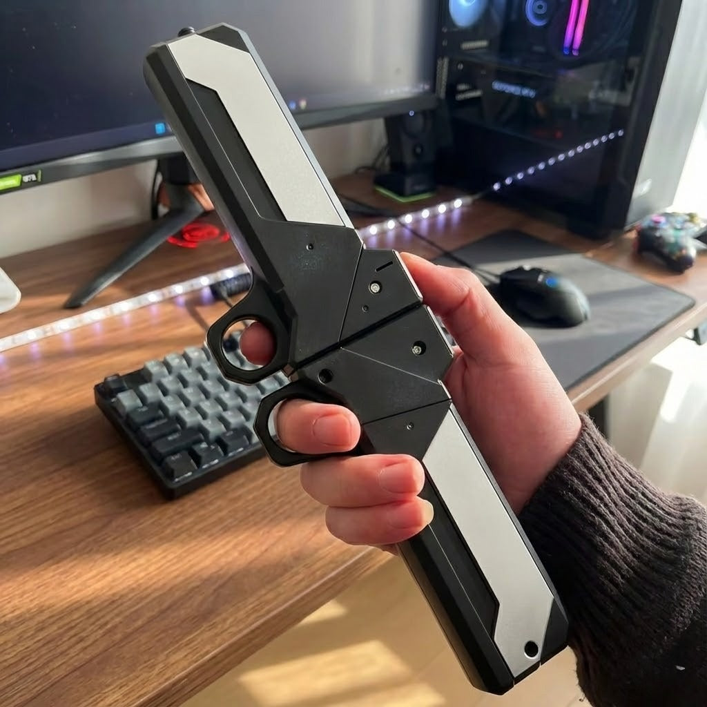 Close-up of the futuristic handle of the LED toy knife